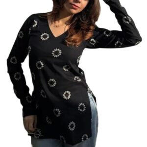 FELISIA Women's Rayon Floral Printed Full Sleeves V-Neck Short Kurti, Bell Sleeves, Short Kurti for Woman, Stylish Ethnic Top, Daily Casual Western & Office wear