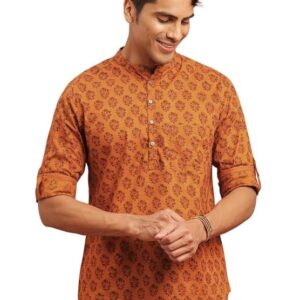DEELMO Men’s Cotton Blend Printed Long Sleeve Short Kurta | Stylish Casual & Ethnic Wear | Comfortable Mandarin Collar Kurta for Daily, Festive & Party Outfits