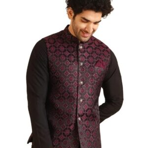 KISAH Men's Nehru Jacket, Burgundy Jacquard, Woven Design Regular Fit Mandarin Collar Sleeveless