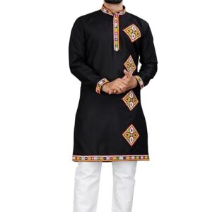 UNIQUE MOMENTS Men's Cotton Blend Modern Fit Kurta Pyjama with Long Sleeve Knee Length Round Neck and Button Down Closure type