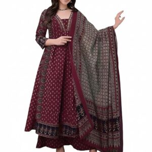 SKY FAB Women's Rayon Printed Anarkali Kurta and Pant with Dupatta Set