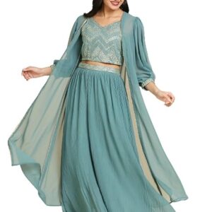 madhuram women'S Georgette Lehenga And Choli With Long Shrug Set For Solid With Heavy Embroidery Work Set(M-2410)