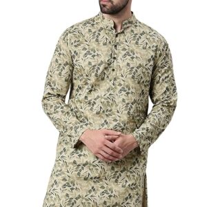 Majestic Man Men's Cotton Regular Fit Casual Mandarin Collar Ethnic Motifs Printed Long Regular Kurta