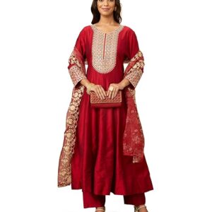 Amazon Brand - Myx Women's Embroidered Anarkali Kurta Pant Set with Organza Dupatta | A-line fit (Available in Plus Sizes)