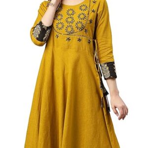 Yash Gallery Women's Cotton Relaxed Fit Angrakha Slub Sequin Work Kurta