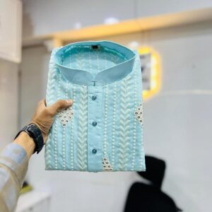 FOXDX Men's Soft Cotton Kurta Knee Length Mirror Embroidered Traditional Kurta for Men