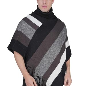 Men's Knitted High Neck Poncho Multi-Striped Patterns, Fringed Sides, for Winter Stylish and Comfortable, Perfect for Casual Wear, (M, Black)